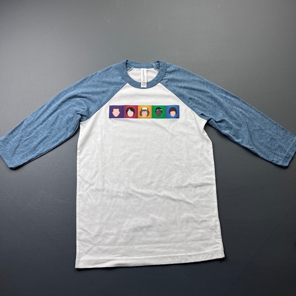 Bella + Canvas Girls Small 6-8 White Blue Raglan 3/4 Sleeve Graphic T-Shirt Tee